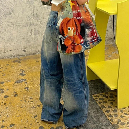 Vintage Oversized Blue Jeans Woman Y2k Casual America Retro Baggy Denim Pants Basic Harajuku Wide Leg Trousers Summer