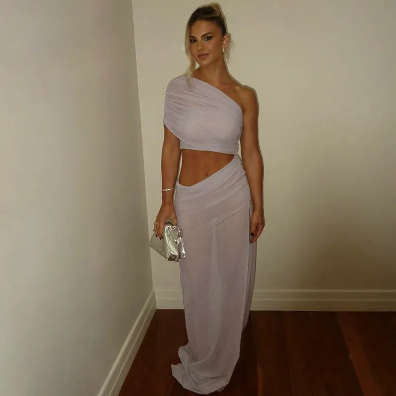 One Shoulder Mesh Draped Crop Top High Slit Maxi Skirt Set