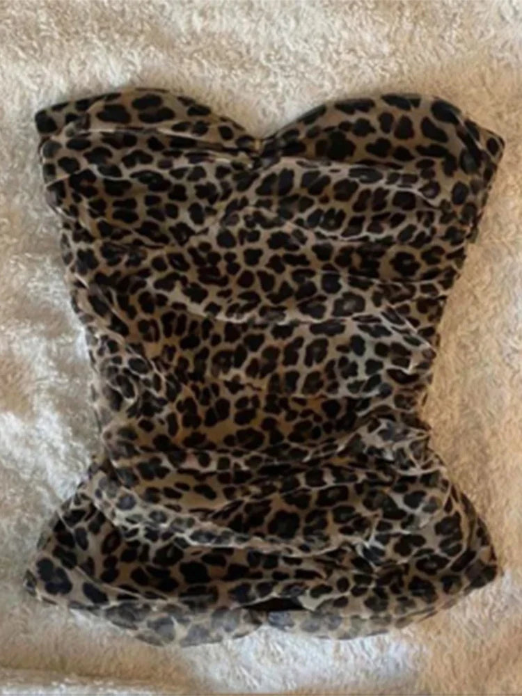 Leopard Print Strapless Tube Top For Women Sexy Slim Off Shoulder Tops Summer Sexy Sleeveless Vintage Lady Y2k Streetwear