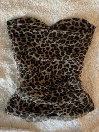 Leopard Print Strapless Tube Top For Women Sexy Slim Off Shoulder Tops Summer Sexy Sleeveless Vintage Lady Y2k Streetwear