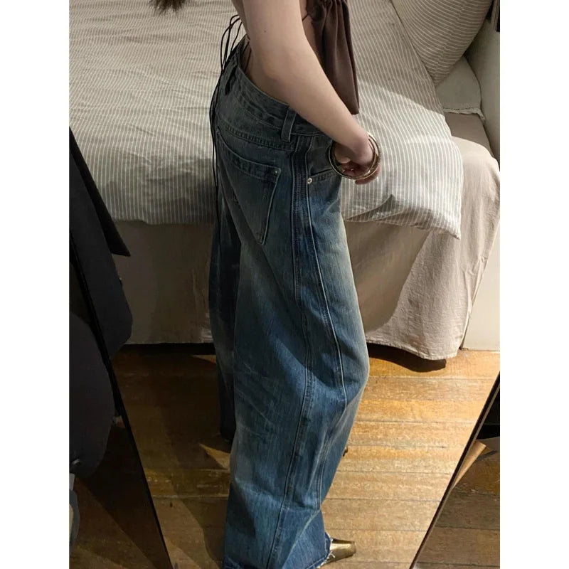 Blue Jeans Women 90s Vintage Personality High Waisted Straight Trouser Streetwear Casual Loose Girl Wide Leg Classic Denim Pants