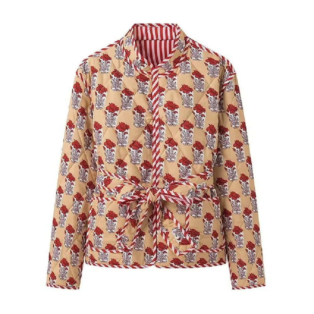 Autumn Winter Totem Flower Striped Print Tie Bow Sashes Quilted Reversible Coat Women Quilting Full Sleeve Loose Jacket