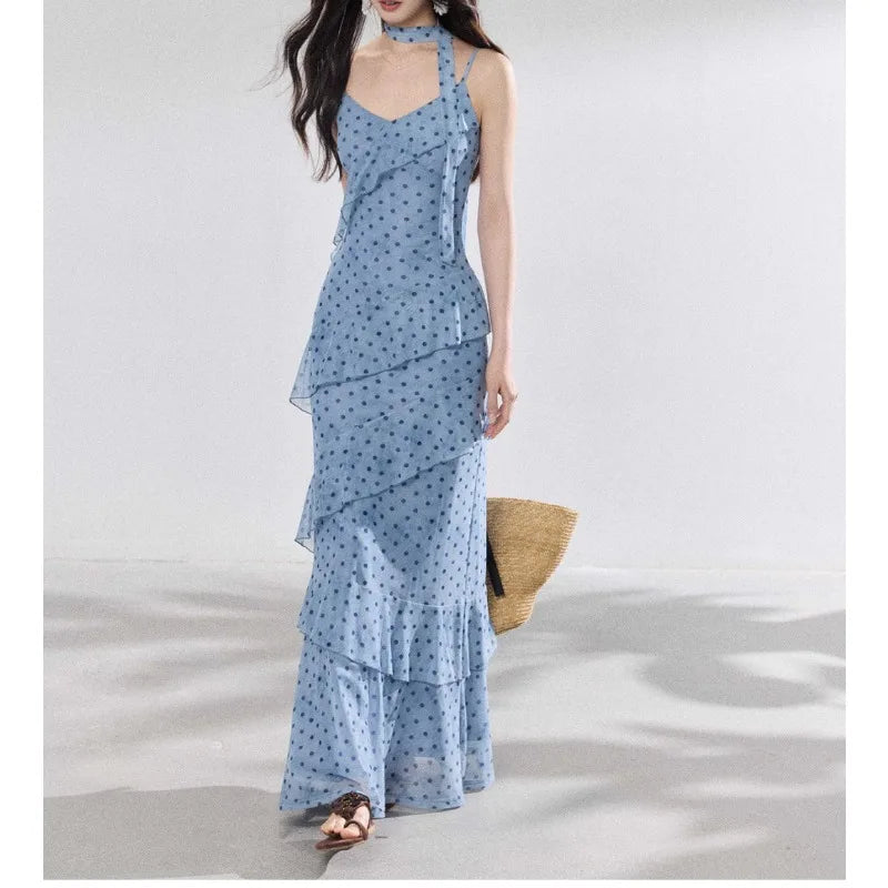 French Commuter V-Neck Streamer Polka Dot Lotus Edge Suspender Dress Female Slim Mesh Printed Dress