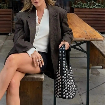 New Rivet Bucket Bag Motorcycle Texture Trend Handbag Highlights Unique Personality Tortoise Shell Sequins Soft Ladies Bag