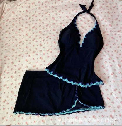 Sweet Spice Girls Halter Patchwork Fungus Set Vests Vacation Casual Slim Swimwears Y2K Goth Korea Chic Ins Elegant Moda Mujer