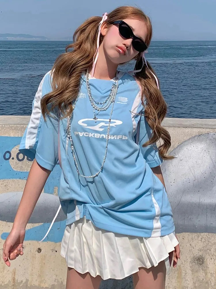 Y2k Blue Contrast Oversized T Shirt Sport Short Sleeve V-neck Tops American Retro Patchwork Design Women Clothes Summer