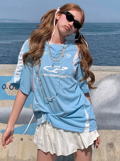 Y2k Blue Contrast Oversized T Shirt Sport Short Sleeve V-neck Tops American Retro Patchwork Design Women Clothes Summer