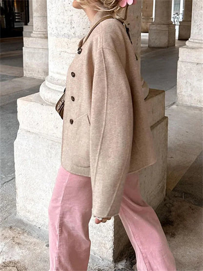 Winter Pocket Female Outwear Slim Patchwork Elegant Commute Fashion Clothes Solid Long Sleeve For Women Cropped Top Coat