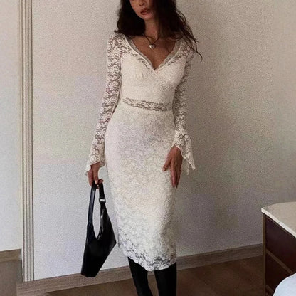 V Neck Lace Long Dress Solid Women See Through High Waist Patchwork Slim Dress Elegant Female Date Party Evening Dress
