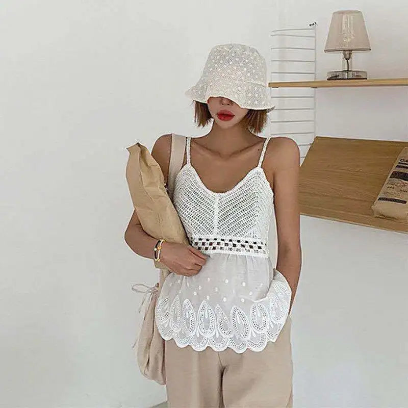 Summer Korean Authentic Sexy Hanging Strap Hollow Hook Flower Spliced Cotton Cloth Hanging Strap Temperament Tank Top for Women
