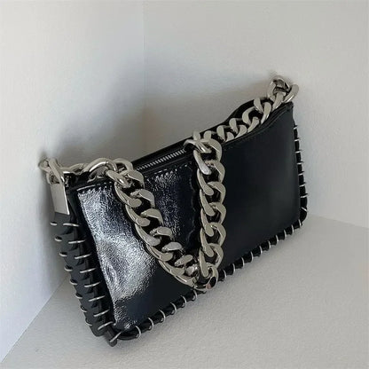 Fashion Chic Design Chain Bag Women New High-Grade Glossy Patent Leather Shoulder Bag Novelty Trend Black Purse Handbags