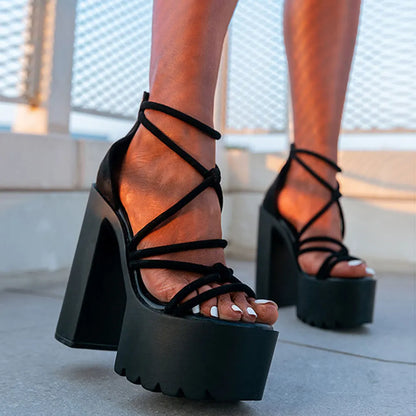 New Black Summer 14cm High Block Heels Chunky Platform Sandals for Women White Cross-strap Shoes Big Size 43