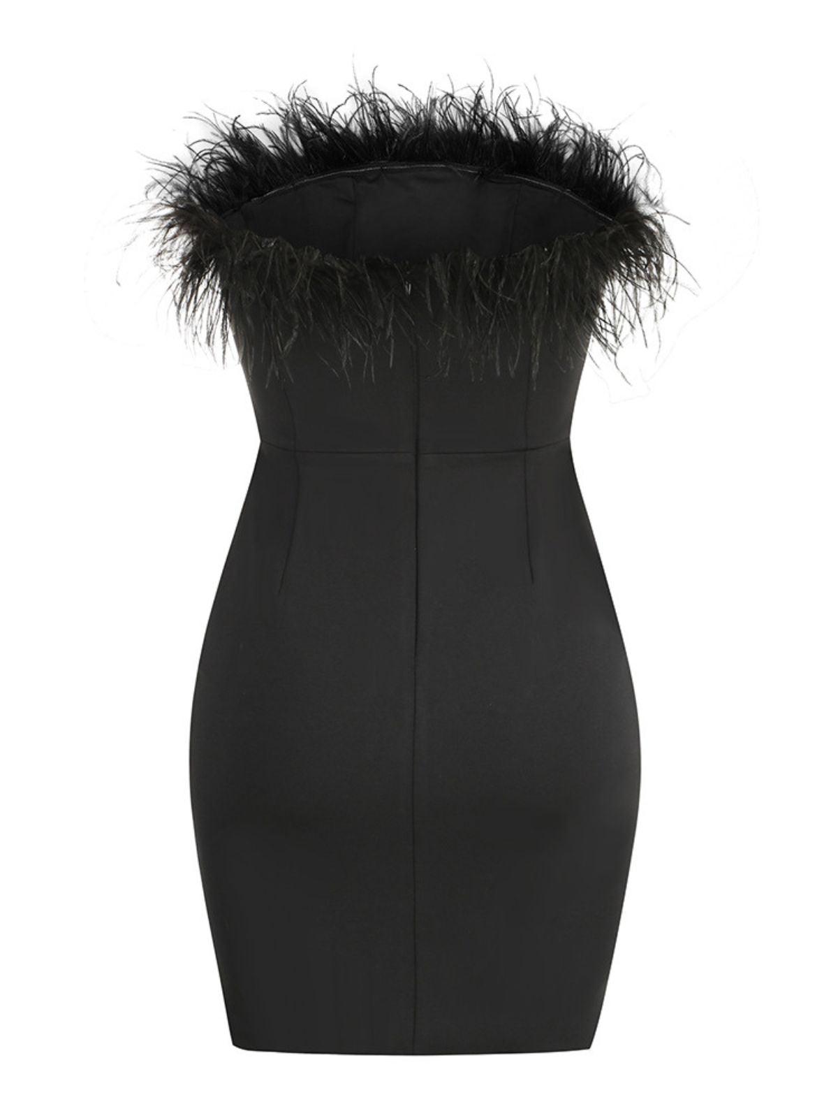 Strapless Feather Trim Straight Neck Side Slit Bodycon Mini Dress