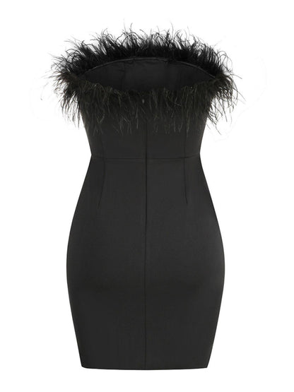 Strapless Feather Trim Straight Neck Side Slit Bodycon Mini Dress