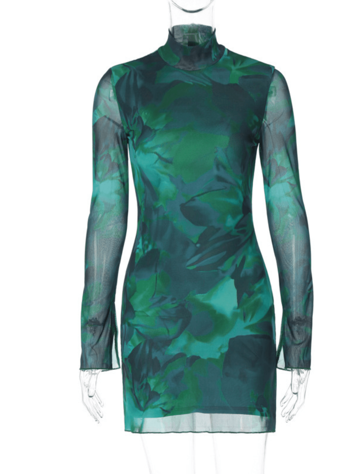 Mock Neck Long Sleeve Abstract Watercolor Print Mesh Mini Dress