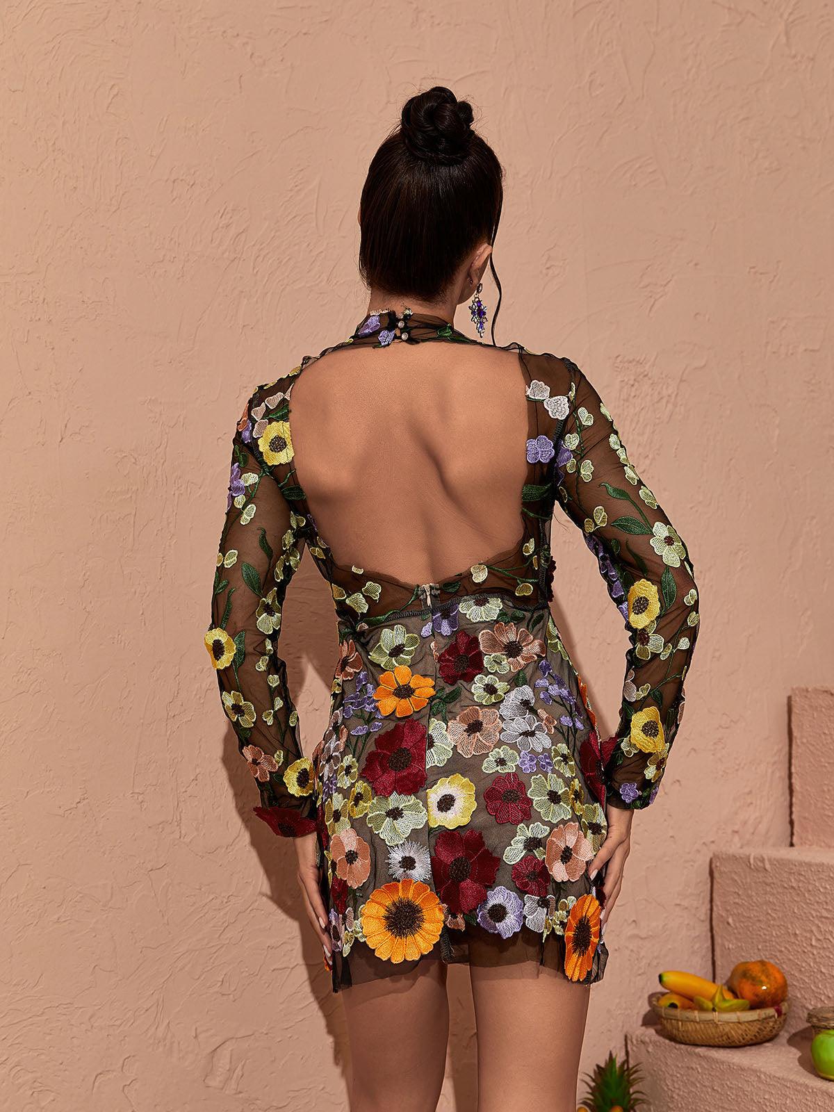 Mock Neck Long Sleeve Floral Applique Mesh Bodycon Mini Dress