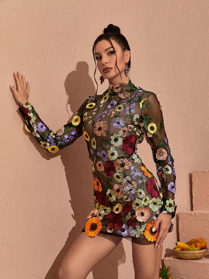 Mock Neck Long Sleeve Floral Applique Mesh Bodycon Mini Dress