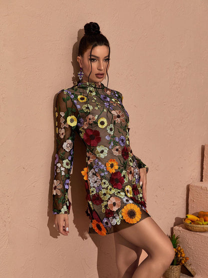 Mock Neck Long Sleeve Floral Applique Mesh Bodycon Mini Dress