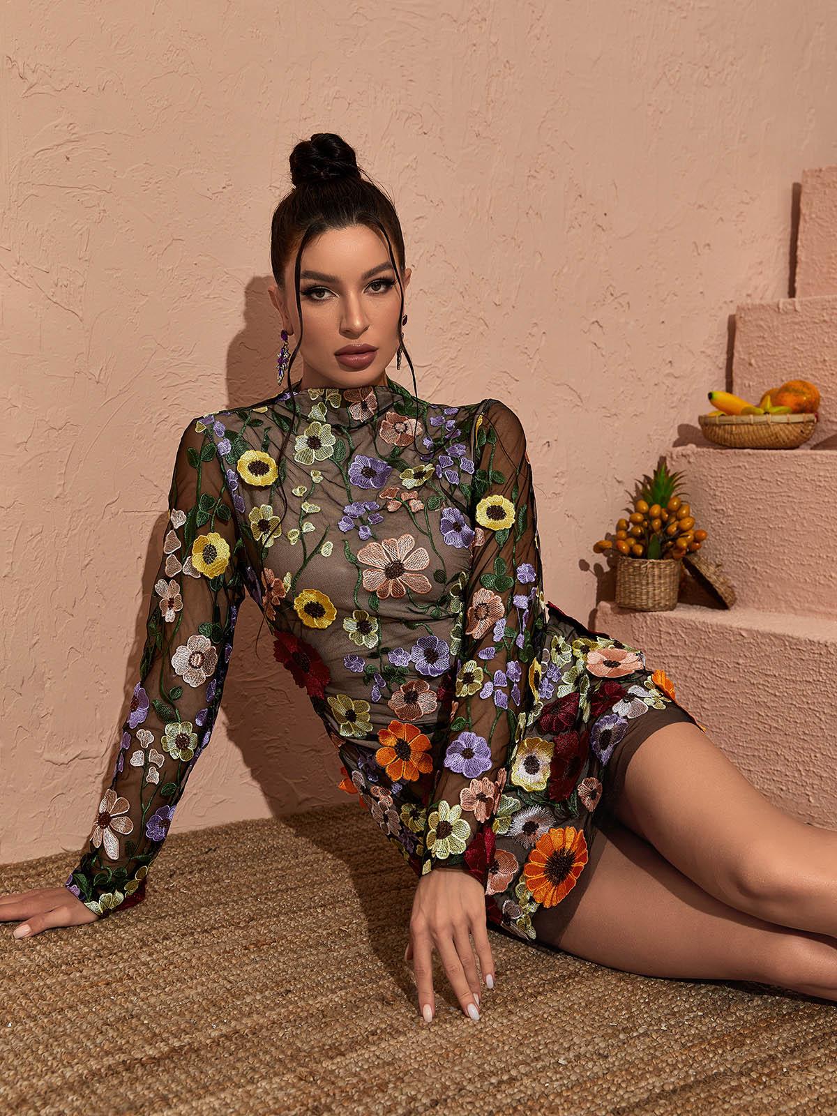 Mock Neck Long Sleeve Floral Applique Mesh Bodycon Mini Dress