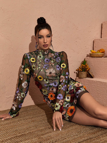 Mock Neck Long Sleeve Floral Applique Mesh Bodycon Mini Dress