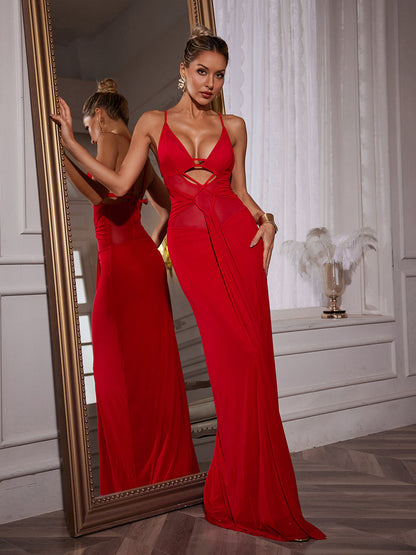 Plunging V Neck Spaghetti Strap Midriff Cutout Mesh Panel Draped Sash Gown