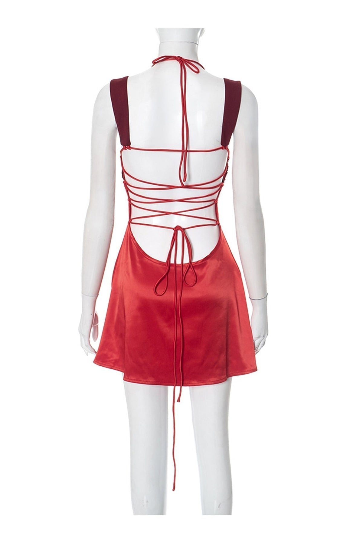 Contrast Panel Satin Twist Bust Halter Tie Strap Slip Mini Dress