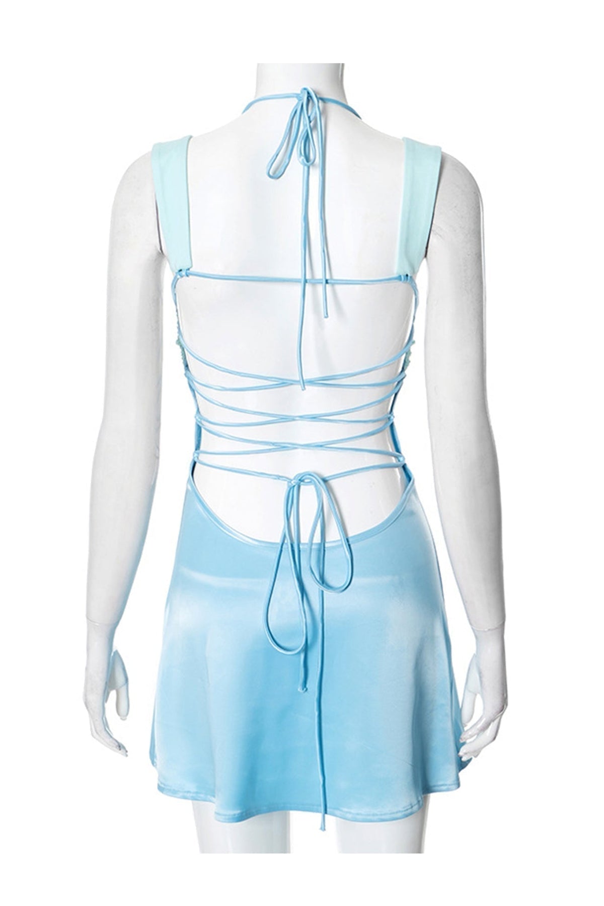 Contrast Panel Satin Twist Bust Halter Tie Strap Slip Mini Dress
