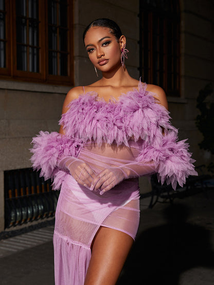 Off Shoulder Ruched Mesh Feather Trim Asymmetrical High Low Gown With Gloves