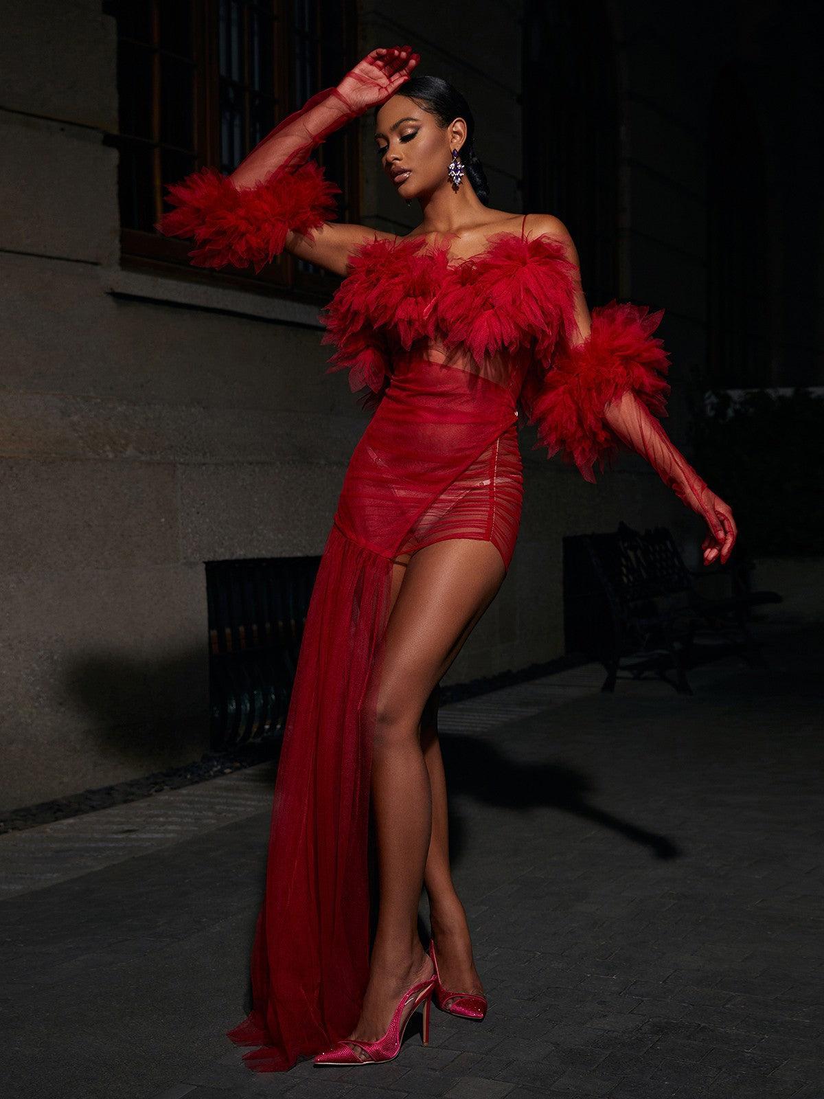 Feather Bust Ruched Mesh Train Slit Maxi Gown Set