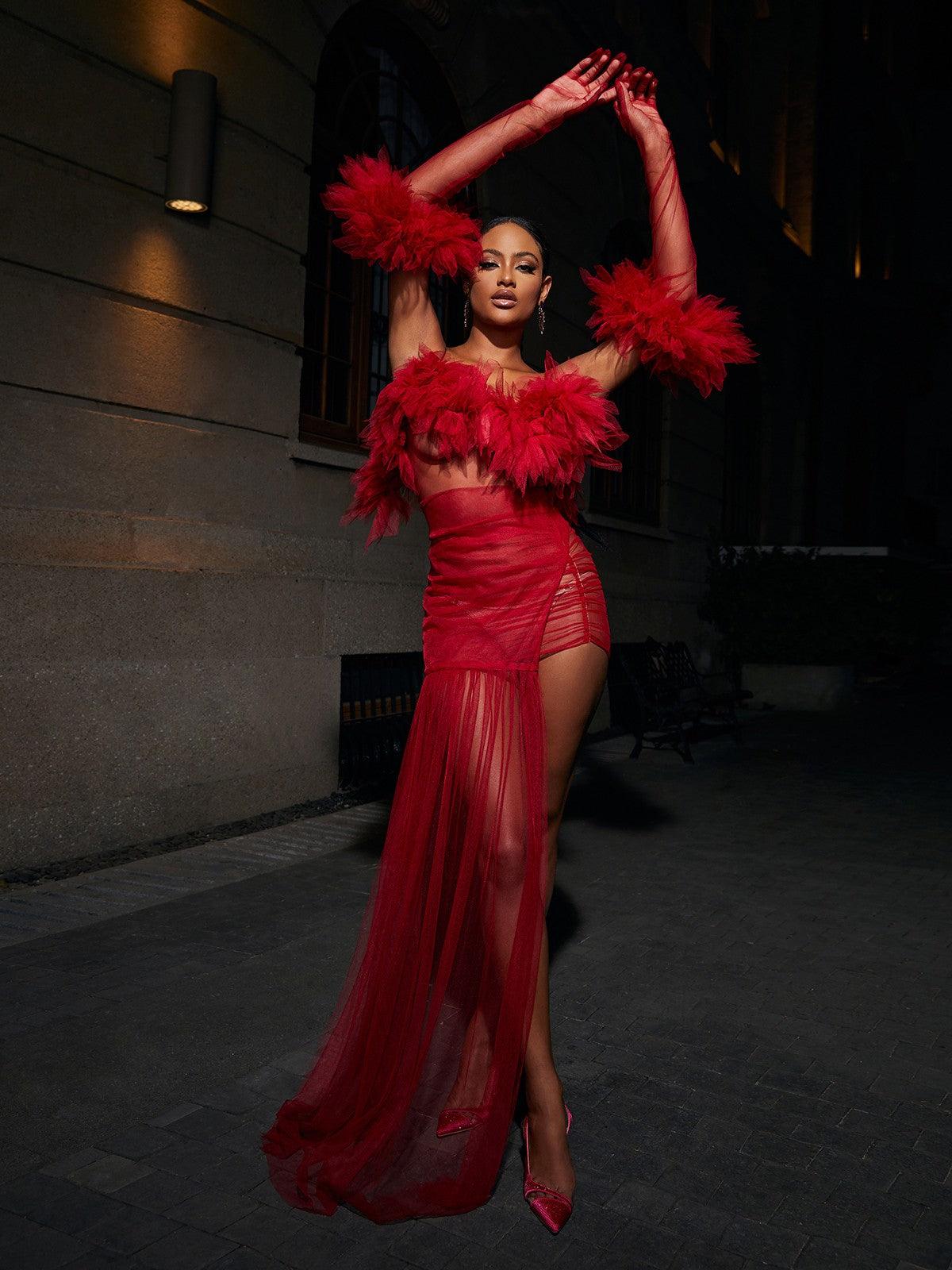 Off Shoulder Tulle Ruffle Mini Dress with Gloves