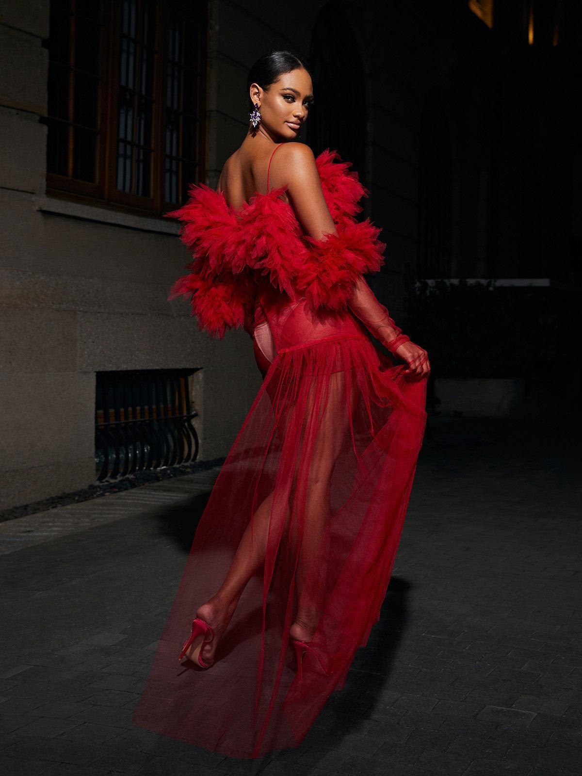 Feather Bust Ruched Mesh Train Slit Maxi Gown Set