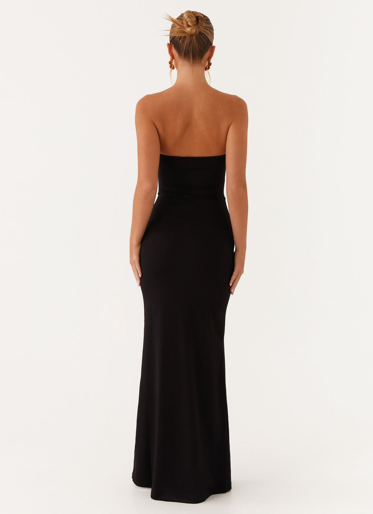 Strapless Bandeau Floral Applique Horizontal Cutout Bodycon Maxi Dress