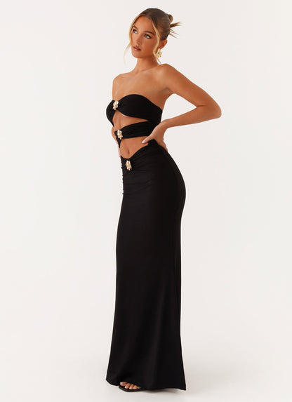 Strapless Bandeau Floral Applique Horizontal Cutout Bodycon Maxi Dress