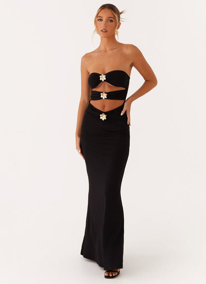 Strapless Bandeau Floral Applique Horizontal Cutout Bodycon Maxi Dress