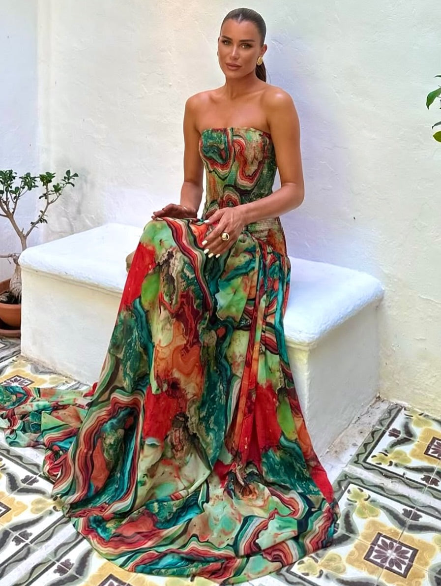 Strapless Smocked Bodice Marble Print Flowy Maxi Dress