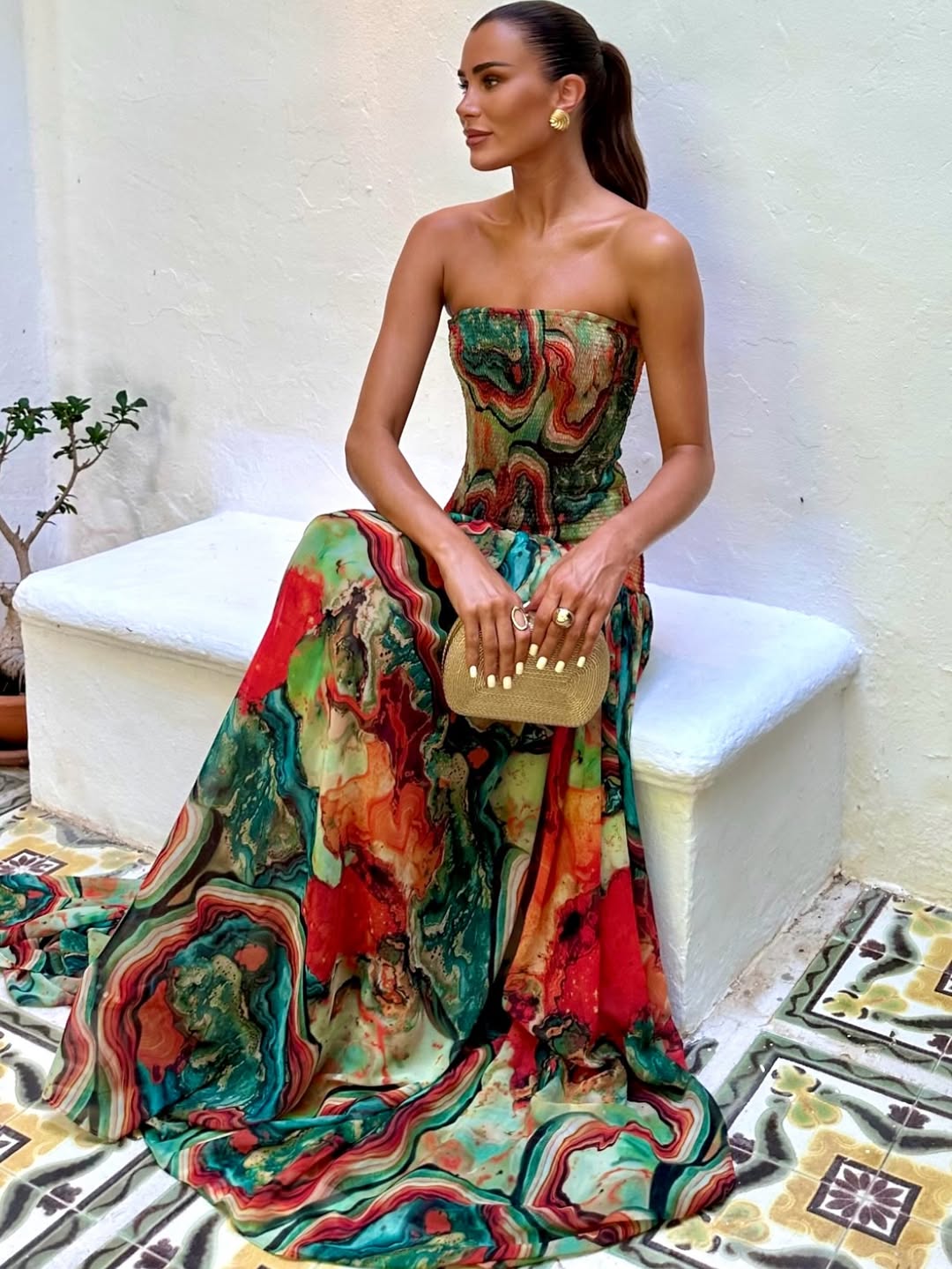Strapless Smocked Bodice Marble Print Flowy Maxi Dress