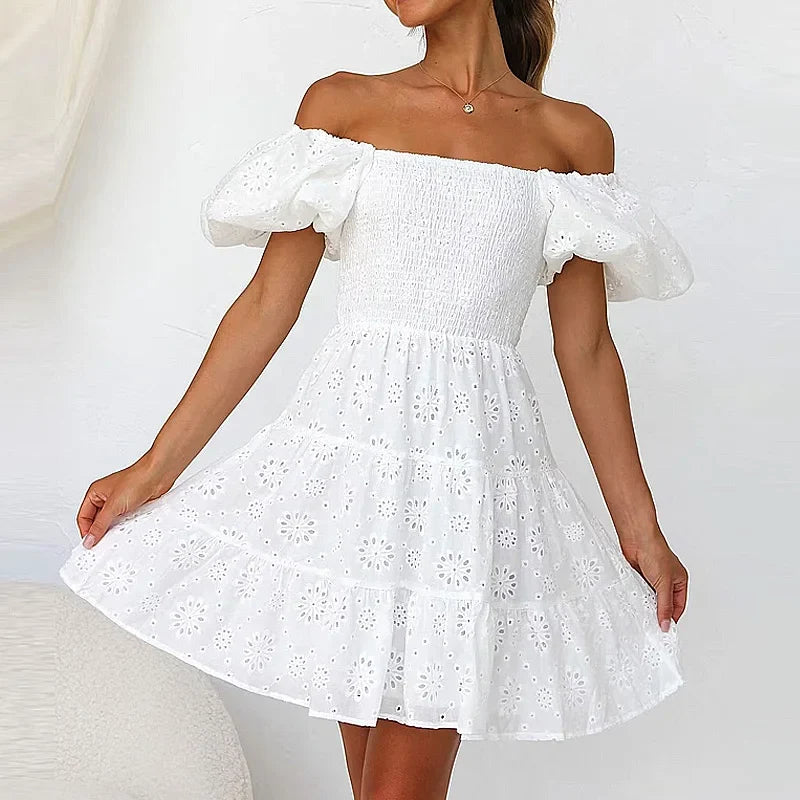 White Floral Embroidery Lace Mini Dresses for Women Off Shoulder Puff Sleeve Shirred Chest Short Dress Summer Boho Beach