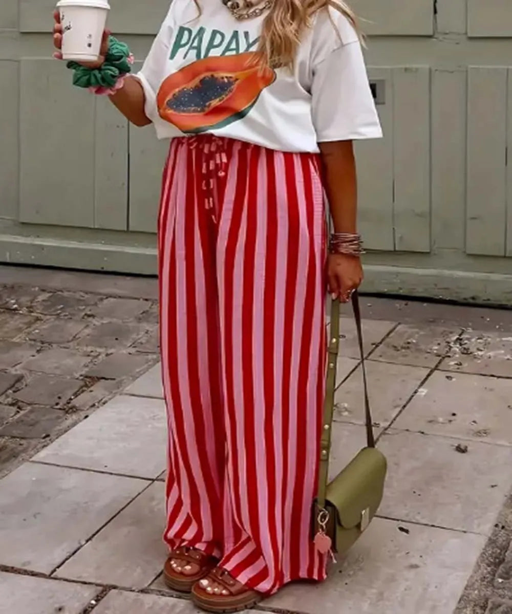 Spring Summer Women's Casual Loose Color Block Striped Print Straight Leg Pants Trousers