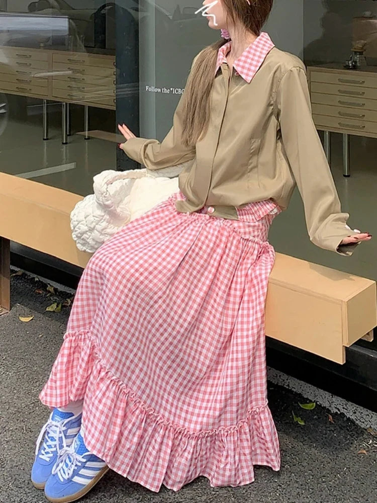 Long Skirts Womens Pink Plaid Skirt 2024 Goth Lolita Spring Summer High Waist High Low Ruched Ruffle Skirts rok