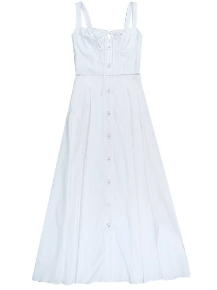 Women's Elegant White Lace-up Square Neck Spaghetti Strap Sleeveless Hollow Waist Slim A Line Long Vacation Summer Dress