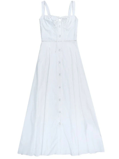 Women's Elegant White Lace-up Square Neck Spaghetti Strap Sleeveless Hollow Waist Slim A Line Long Vacation Summer Dress
