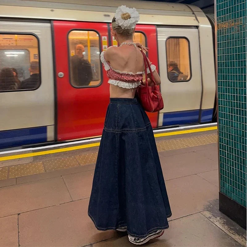 Vintage Denim Vest Skirt Women Outfit Elegant Slash Neck Tank Top Pleated Zippers Mid Skirts Summer Fashion Lady Set