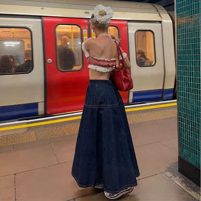 Vintage Denim Vest Skirt Women Outfit Elegant Slash Neck Tank Top Pleated Zippers Mid Skirts Summer Fashion Lady Set