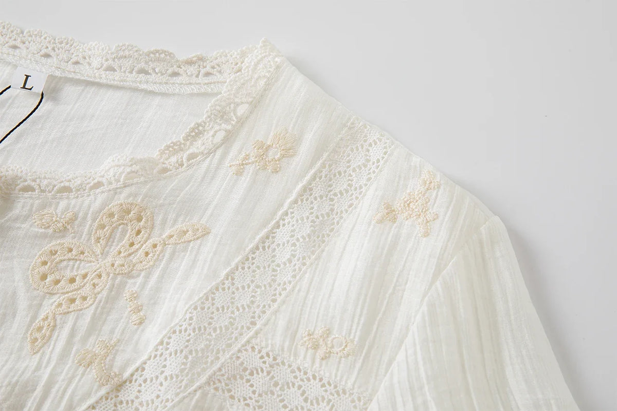 Solid Hollow Out Embroidery Blouse Women Spring Lace Trim O Neck Drawstring Blouses Elegant Casual Fashion Long Sleeve Shirt Top