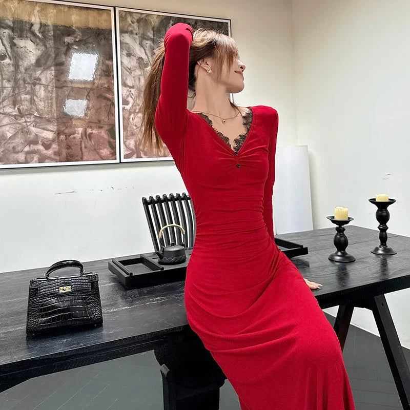 Elegrance French Style Purple Long Dress For Women Autumn Winterdeep V-neck Lace Splicing Belted Waist Slim Fit Long Dress