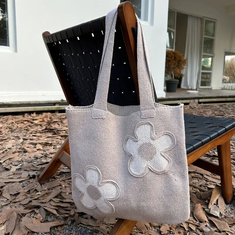 Fashion Sweet Kawaii Flower Shoulder Underarm Bag High-capacity Y2k All Match Handbags Women Knitted Casual Shopping Tote Bags