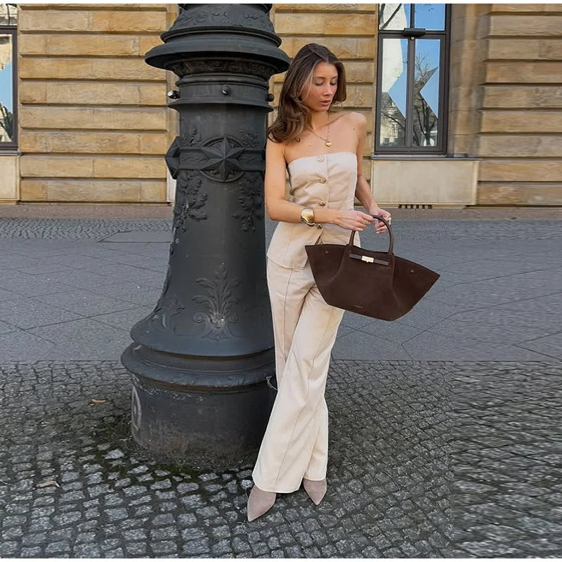 Casual Single Breasted Pants Sets Women Solid Strapless Top High Waist Wide Leg Pant 2025 Spring Summer Lady High Street Outfits