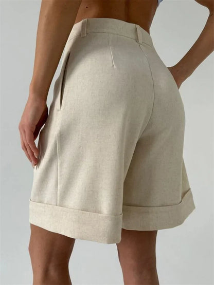 High Waisted Bermuda Shorts Women Elegant Pleated Wide Leg Shorts Linen Cuffed Office Lady Summer Shorts Casual Cotton New