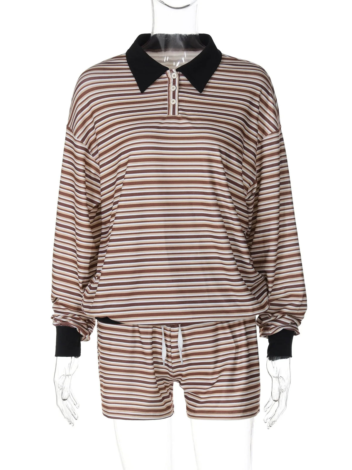 Two Pieces Set Women Long Sleeve Striped Pullovers Hoodies Shorts Matching Casual Streetwear Outfits Shorts Set