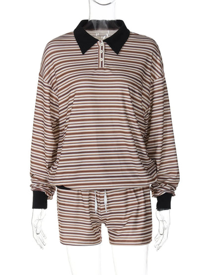 Two Pieces Set Women Long Sleeve Striped Pullovers Hoodies Shorts Matching Casual Streetwear Outfits Shorts Set